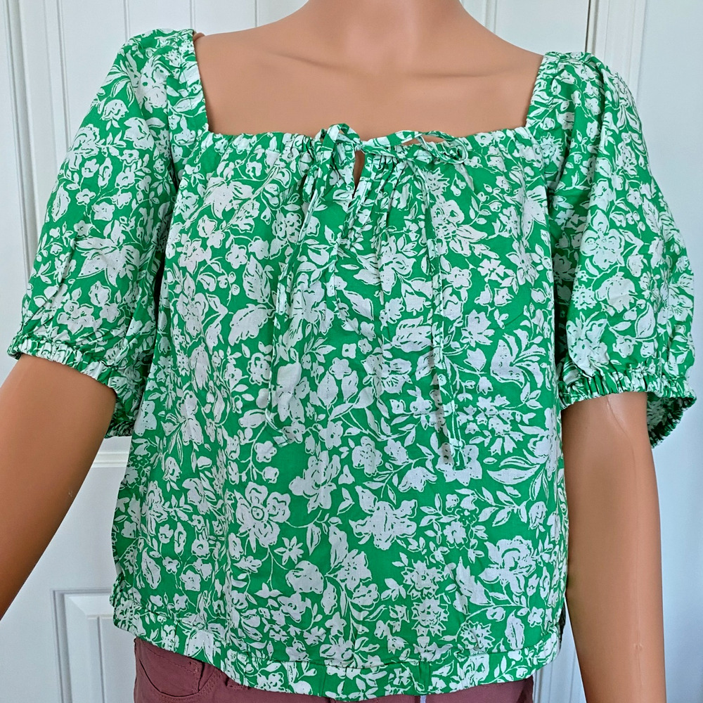 Green Floral Puffy Sleeve Peasant Top Womens 2XL Romantic Boho Blouse NEW